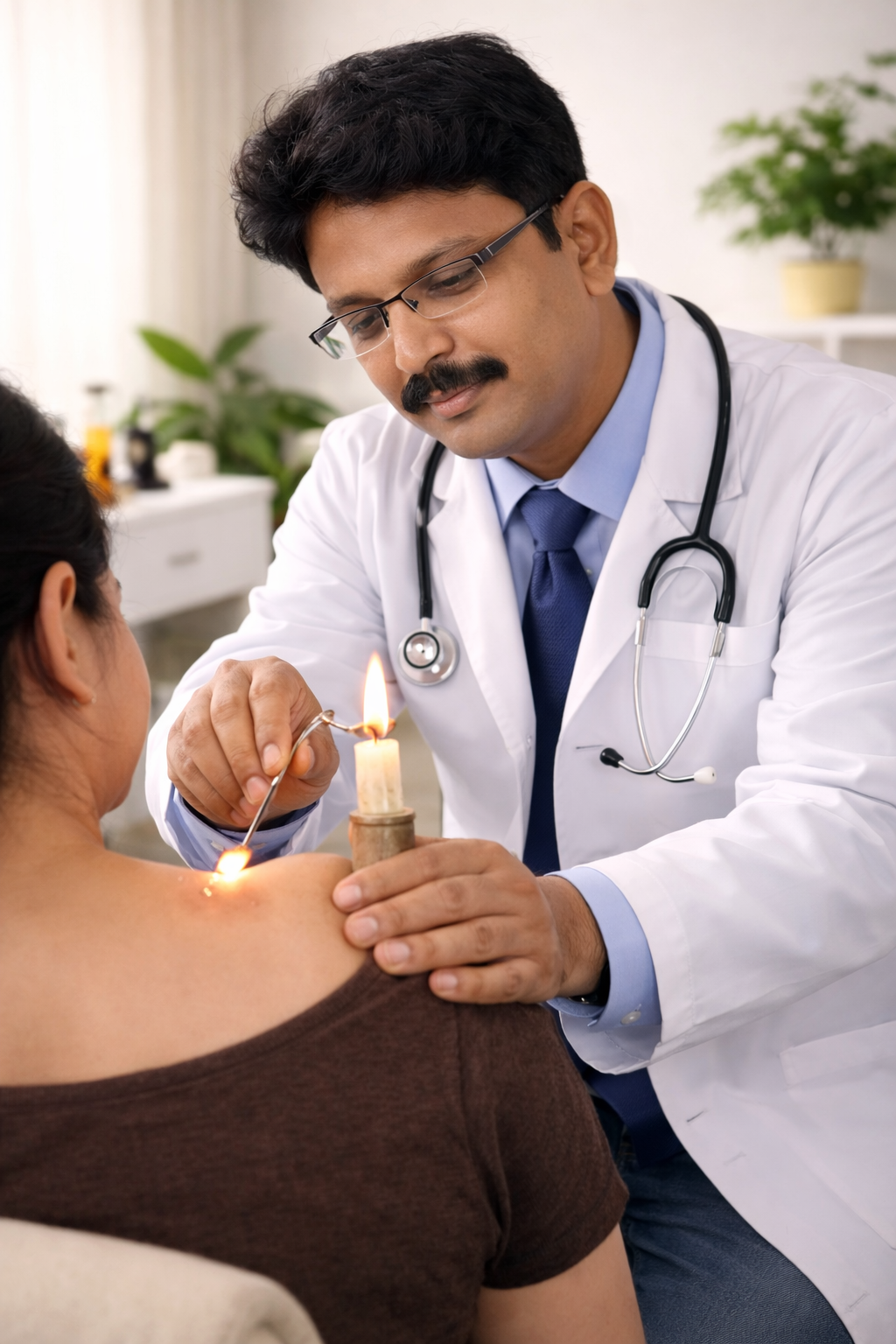 Doctor perfoming Ayurvedic heat therapy (Agnikarma Therapy)