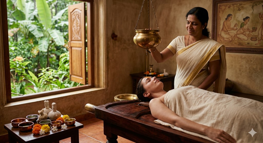 Panchakarma Shirodhara Ayurvedic therapy with herbal oil treatment at wellness centre
