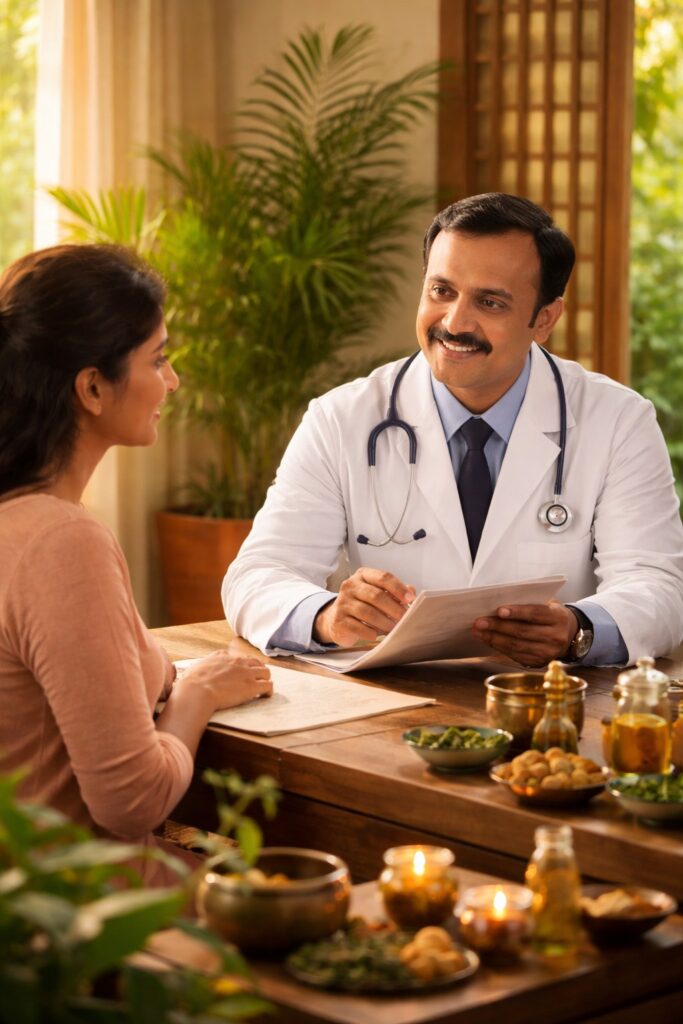 An Ayurvedic doctor smiling and consulting with a patient, surrounded by natural herbs and oils, reflecting a personalized Ayurvedic care approach.