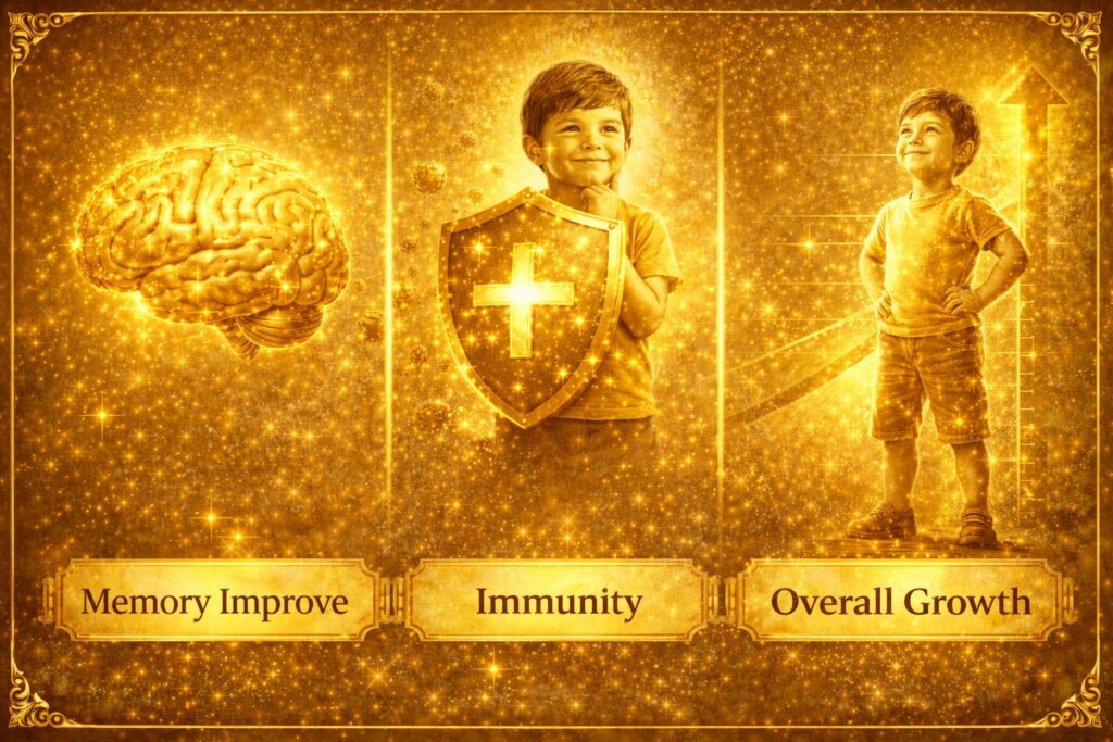 A golden illustration showing three elements of child development: a brain (for memory improvement), a child holding a shield (for immunity), and another child standing tall with an upward arrow (for overall growth), all set in a radiant golden theme.