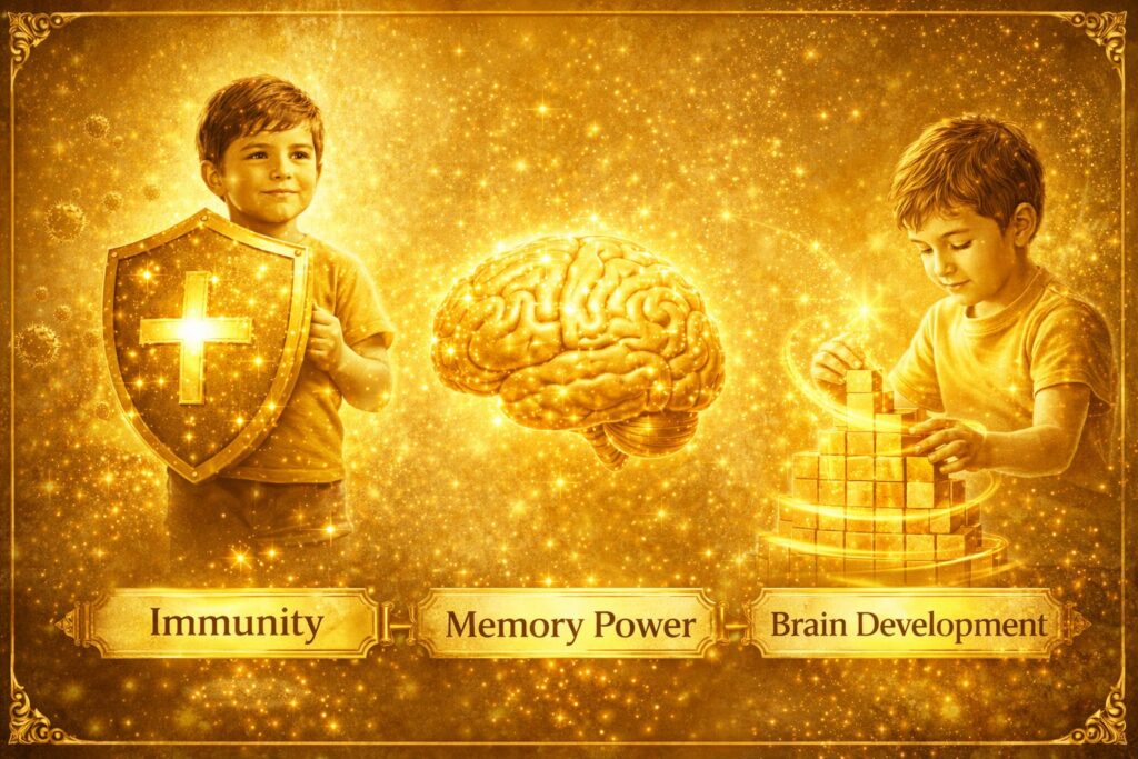 A golden-themed illustration showing a young child holding a shield (symbolizing immunity), a glowing brain (representing memory power), and another child stacking blocks (symbolizing brain development), all conveying the benefits of a holistic child wellness approach.